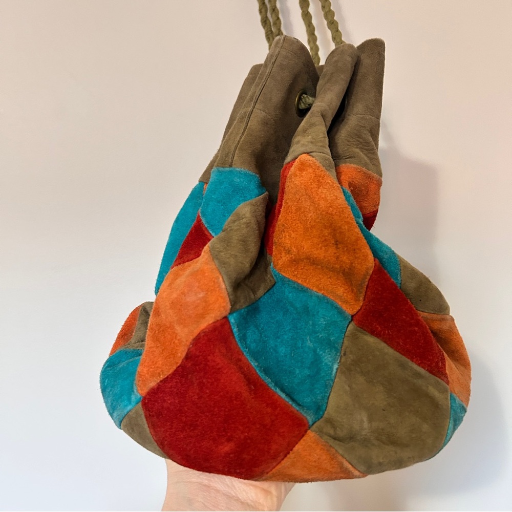 90’s Vintage Suede Leather Multicolour Bucket Bag - Picture 2 of 7